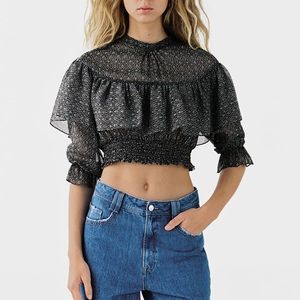Zara Exaggerated Ruffle Cropped Metallic Blouse NWT